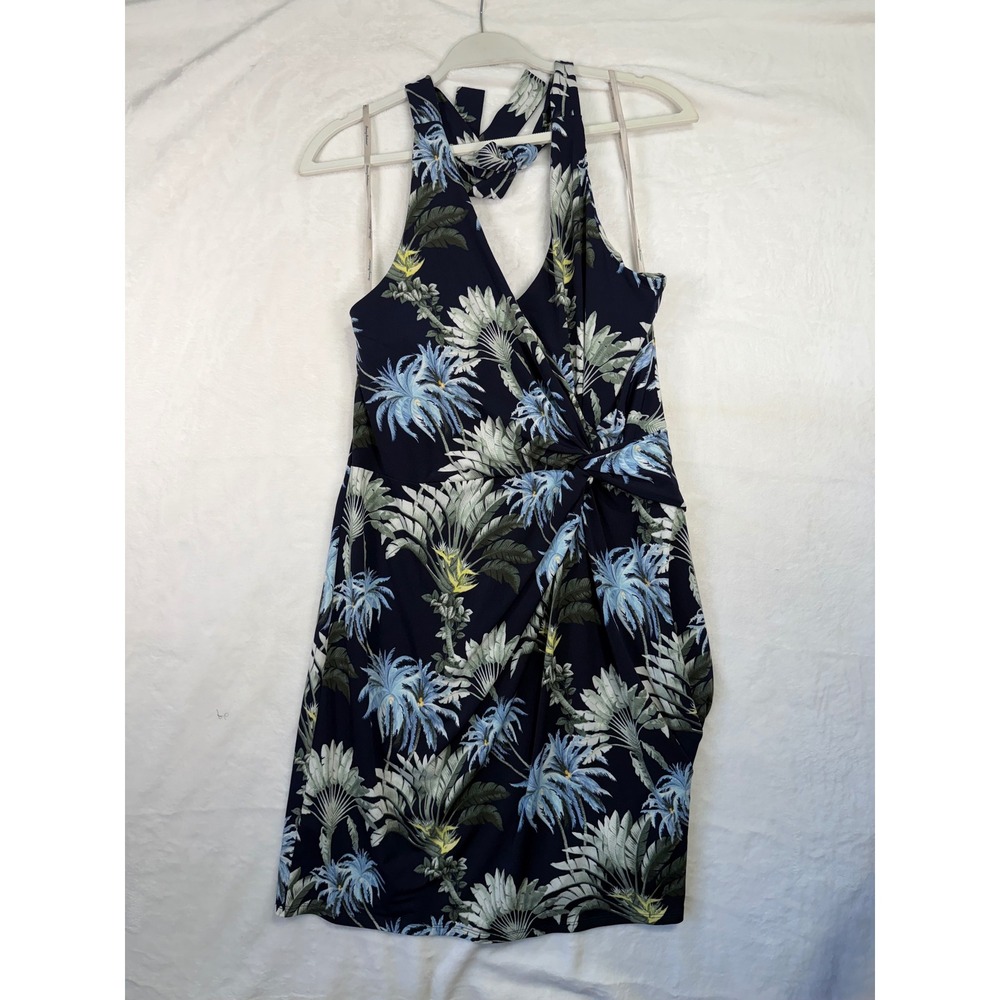 Tommy Bahama Sophia Palisade Palms Dress L Navy Tropical Halter Wrap Womens